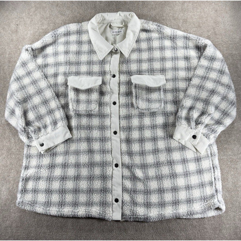 Olive + Oak 3X Gray White‎ Plaid Sherpa Shacket Faux Fur Corduroy Button Up